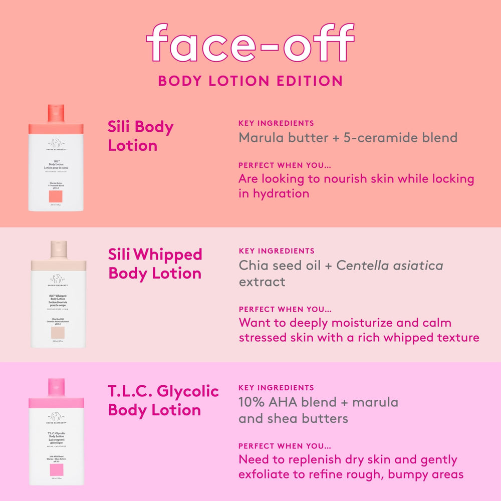 Drunk Elephant Sili Body Lotion ingredients list featuring ceramides and marula butter.
