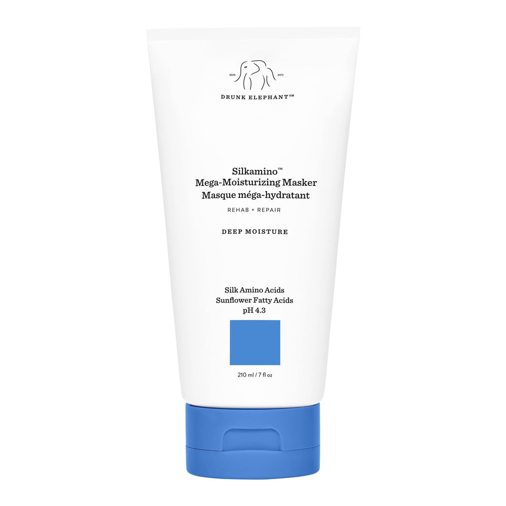 Drunk Elephant Silkamino Masker applied to damp hair for deep conditioning.