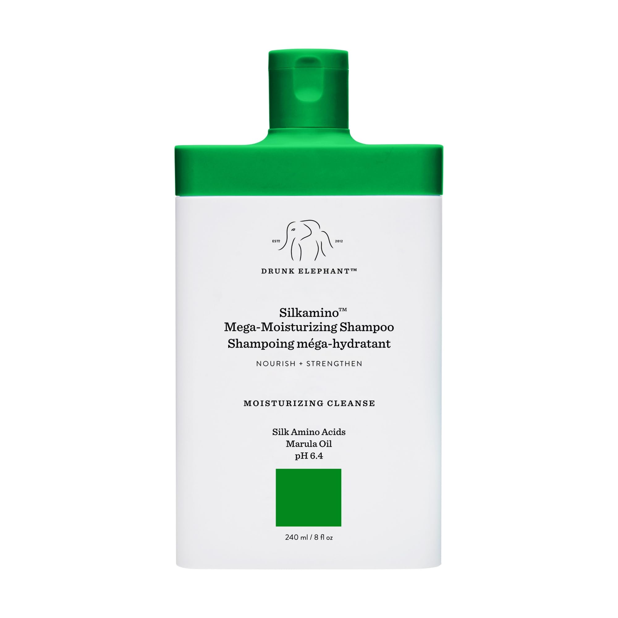 Drunk Elephant Silkamino shampoo bottle highlighting deep moisturizing formula for dry hair.