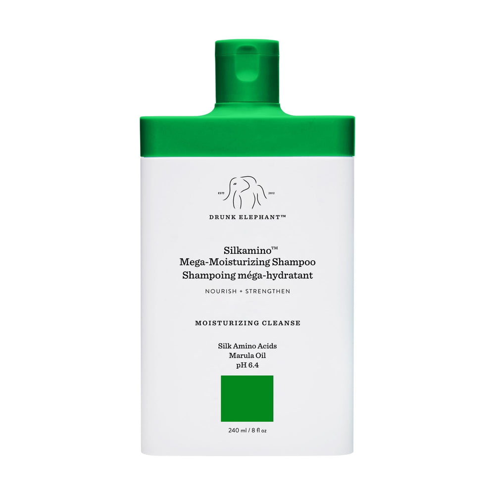 Drunk Elephant Silkamino shampoo bottle highlighting deep moisturizing formula for dry hair.