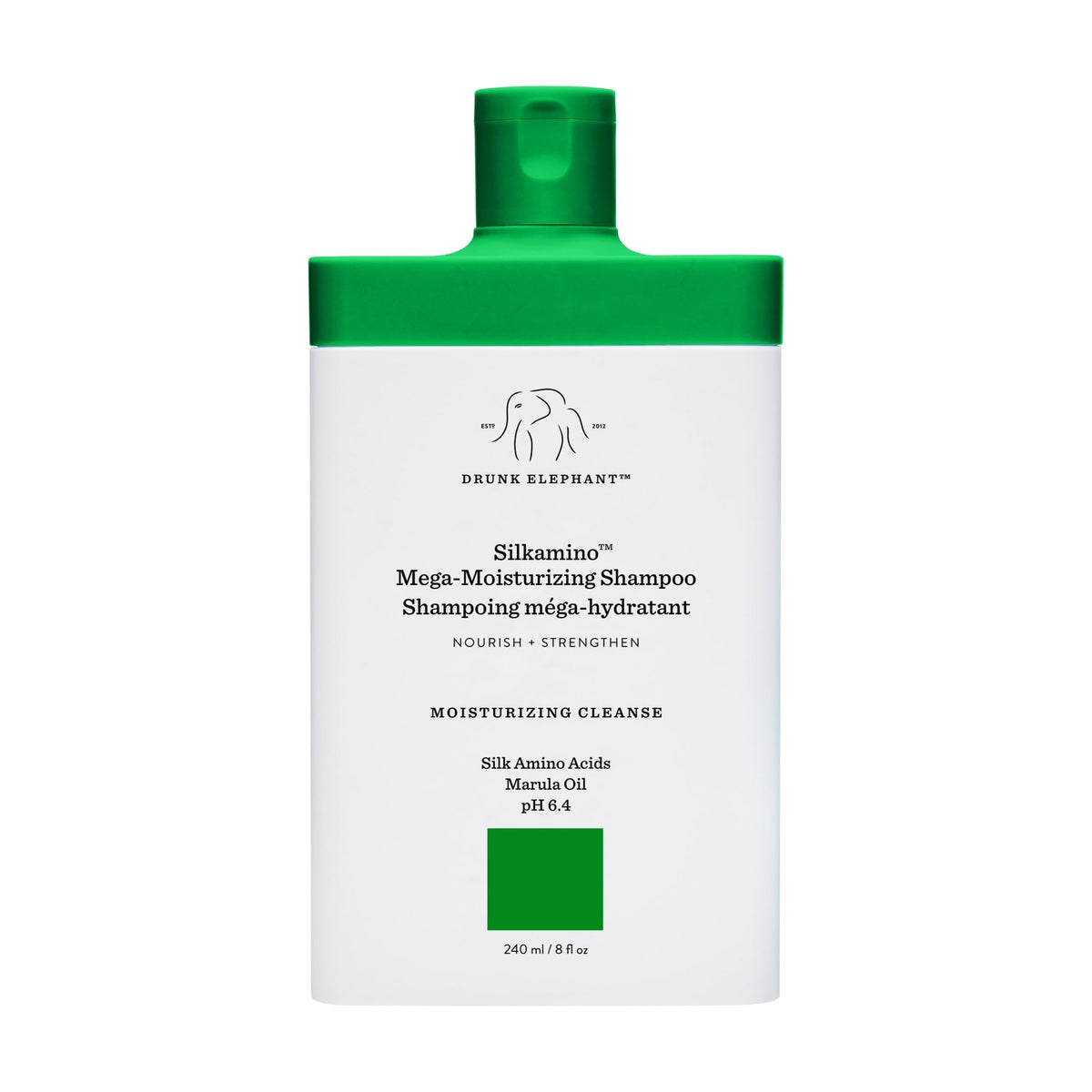 Drunk Elephant Silkamino shampoo bottle highlighting deep moisturizing formula for dry hair.