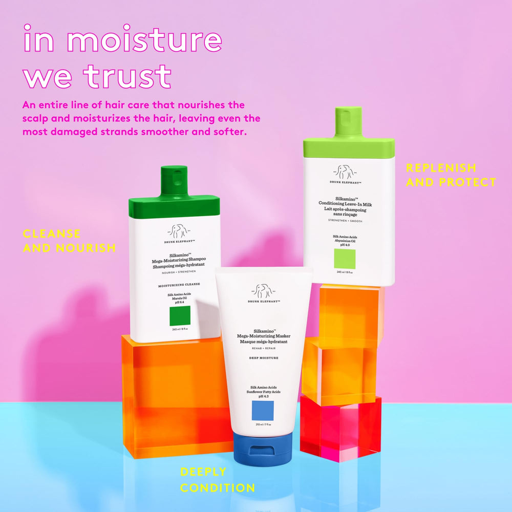 Drunk Elephant Silkamino shampoo closeup highlights vanilla fruit extract and calming aroma.