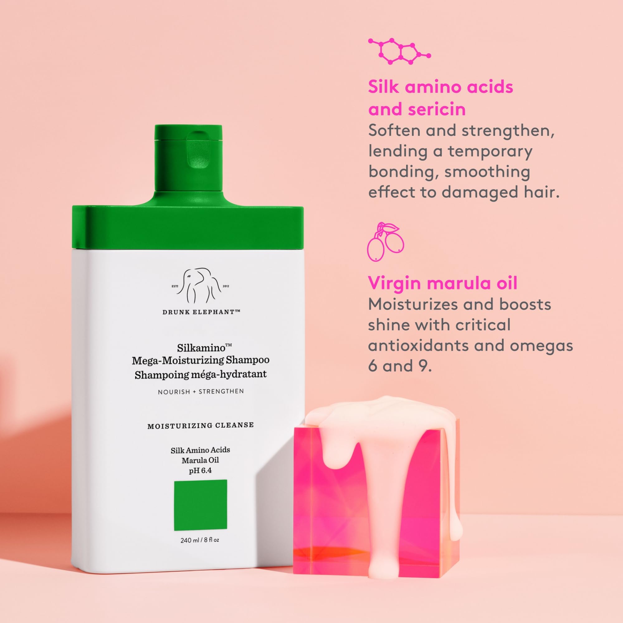 Drunk Elephant Silkamino shampoo ingredients featuring silk amino acids and virgin marula oil.