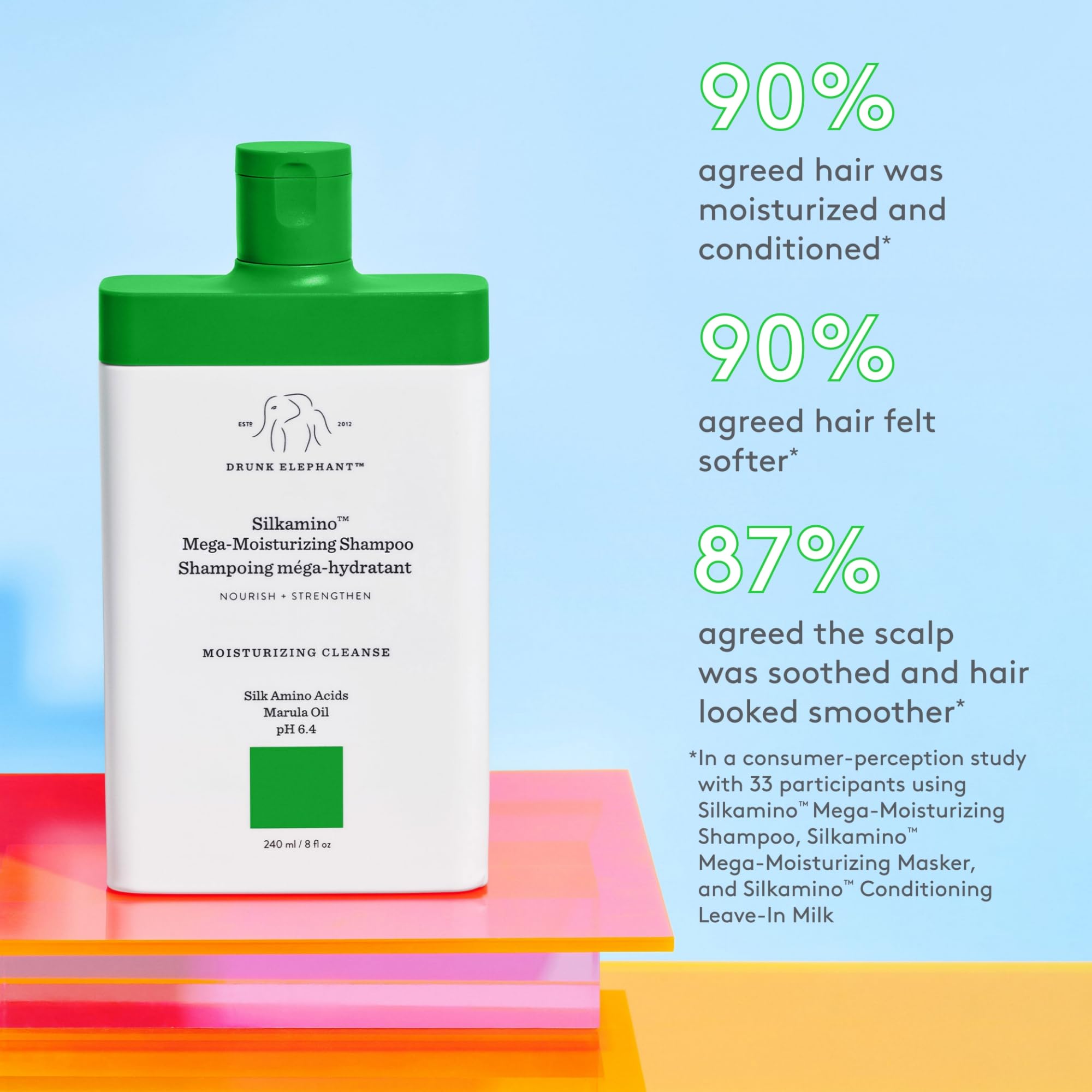 Drunk Elephant Silkamino shampoo lather demonstrates sulfate-free, gentle cleansing.