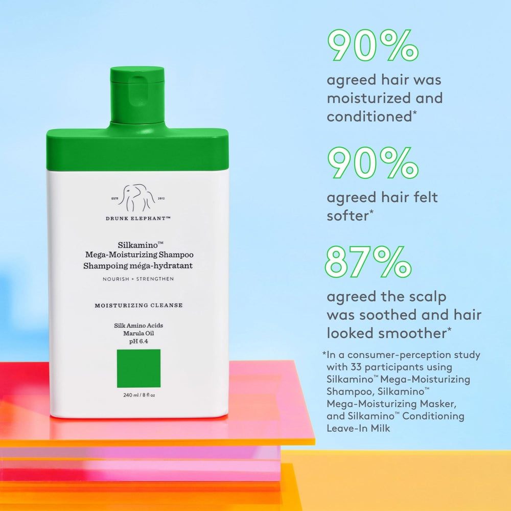 Drunk Elephant Silkamino shampoo lather demonstrates sulfate-free, gentle cleansing.