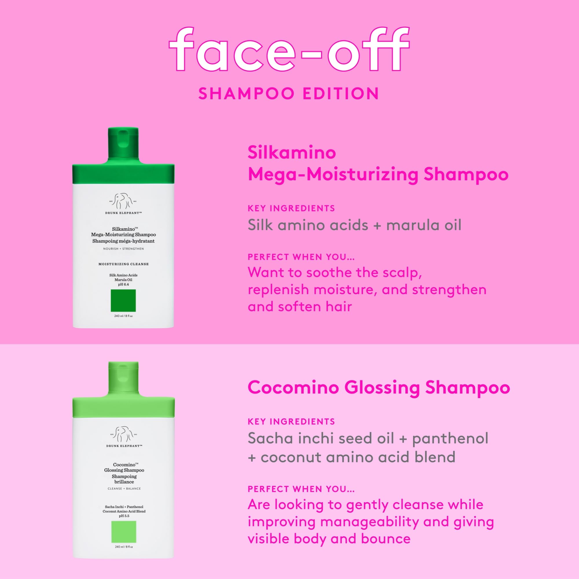 Drunk Elephant Silkamino shampoo packaging emphasizes clean clinical design.
