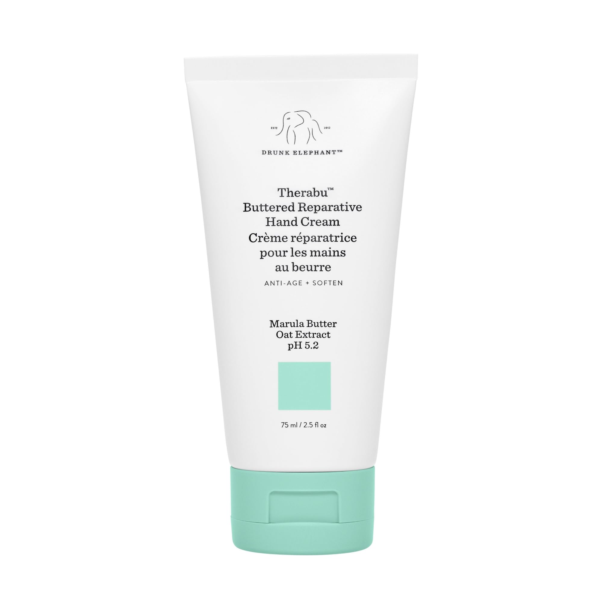 Drunk Elephant Therabu Buttered Hand Cream bottle close-up showing 24-hour moisture for dry hands