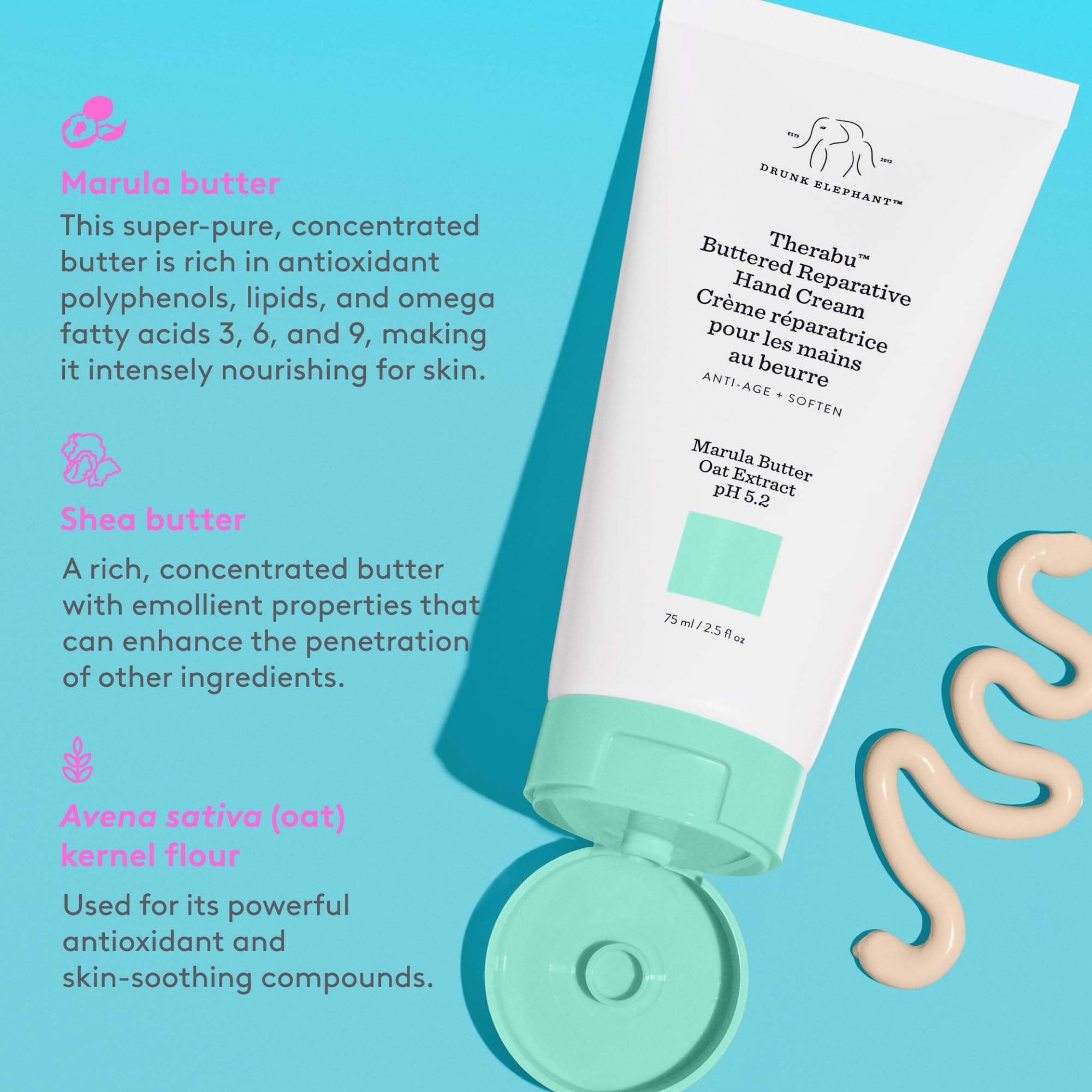 Packaging shot of Drunk Elephant Therabu Buttered Hand Cream highlighting clean formula