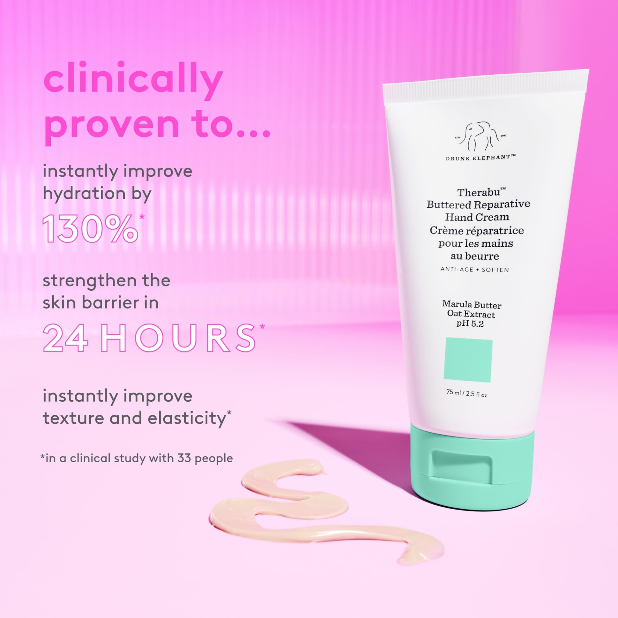Creamy texture close-up of Drunk Elephant Therabu Buttered Hand Cream, nourishing feel