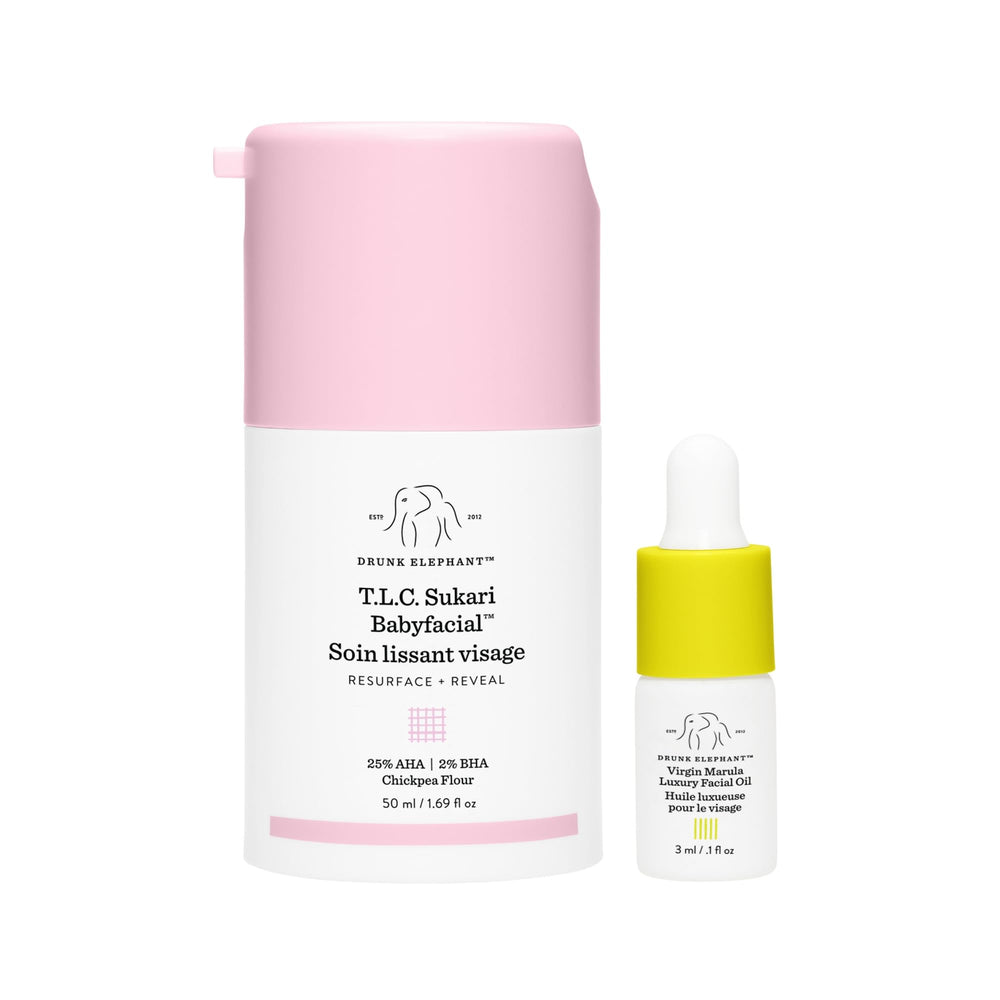 Drunk Elephant T.L.C. Sukari Babyfacial pump bottle for at-home exfoliation toward smoother skin.