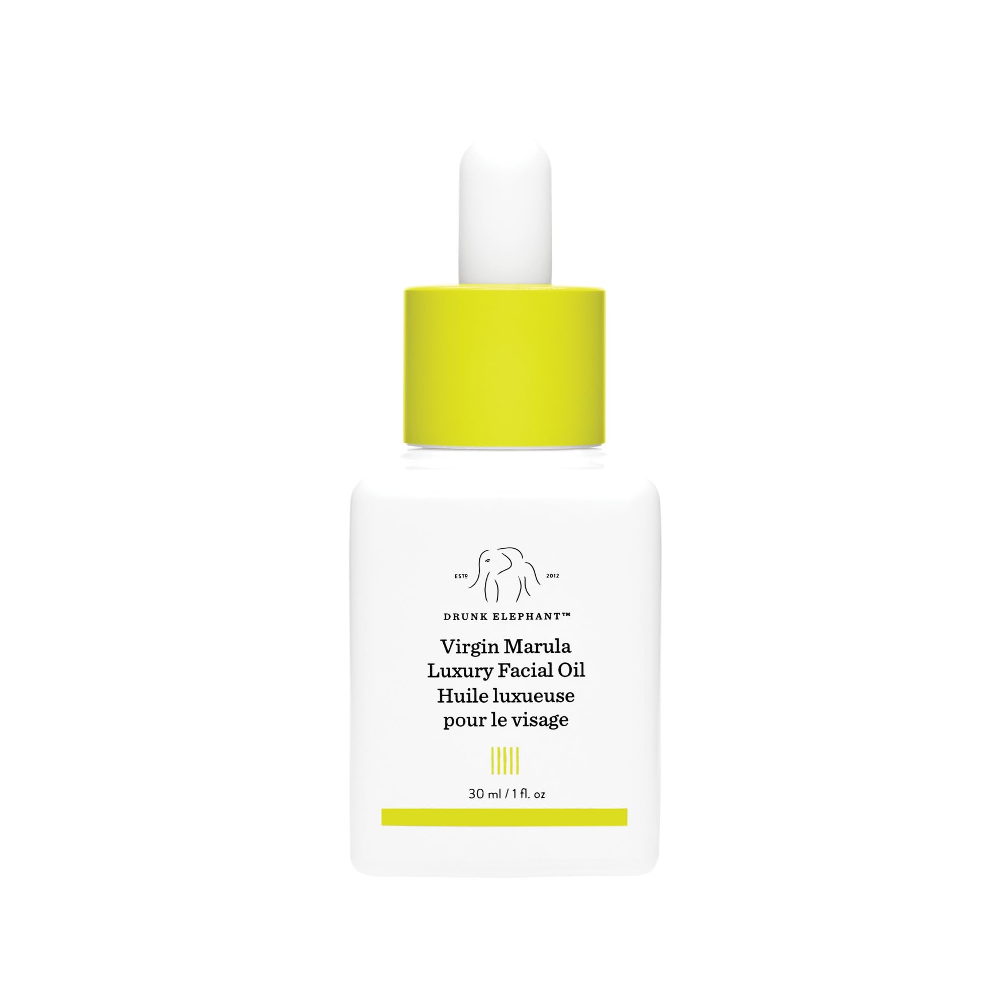 Drunk Elephant Virgin Marula Oil bottle shows nourishing hydration for all skin types.