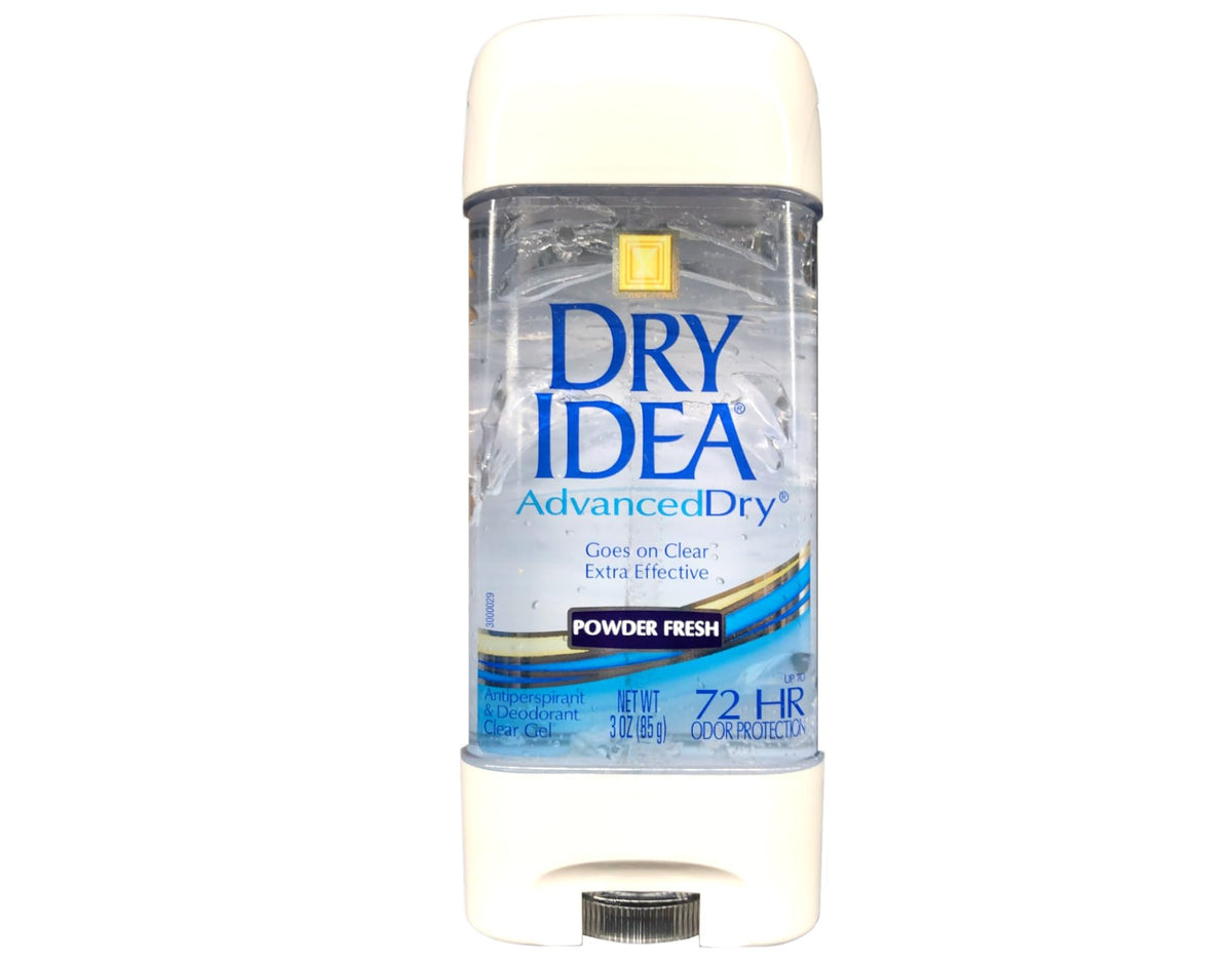 Dry Idea Advanced Dry Powder Fresh Gel bottle displaying clear gel for odor and sweat protection.