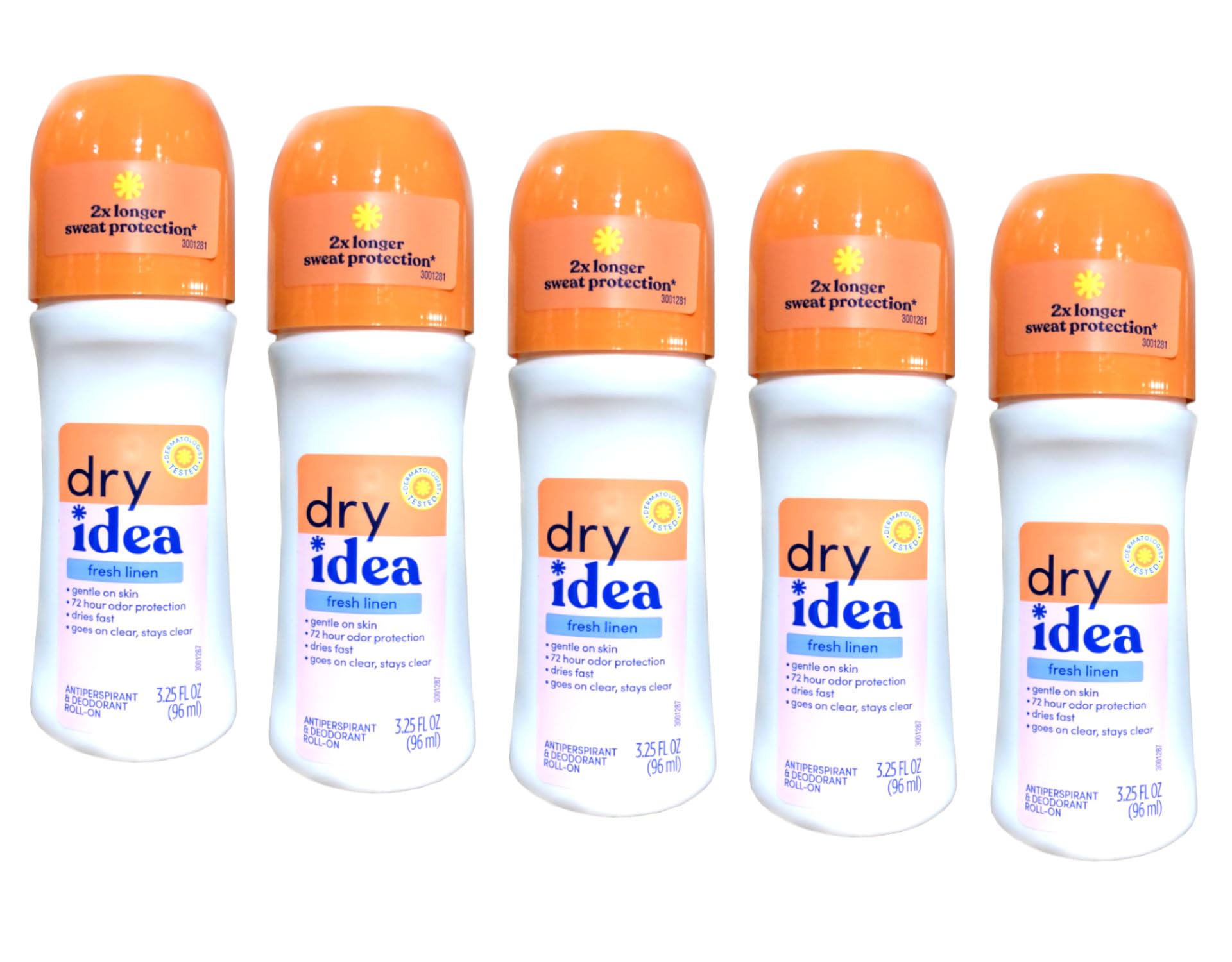 Dry Idea Fresh Linen roll-on bottle front for all-day freshness.