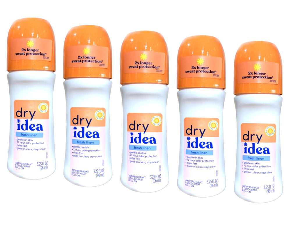 Dry Idea Fresh Linen roll-on bottle front for all-day freshness.