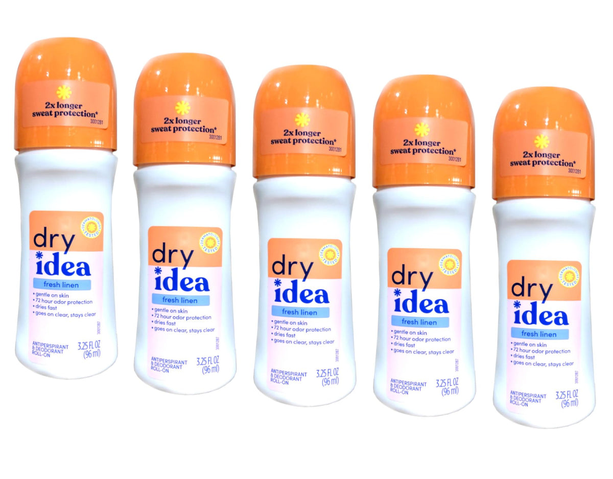 Dry Idea Fresh Linen roll-on bottle front for all-day freshness.