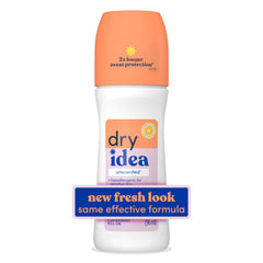 Dry Idea unscented roll-on bottle showing skin-friendly protection for daily wear