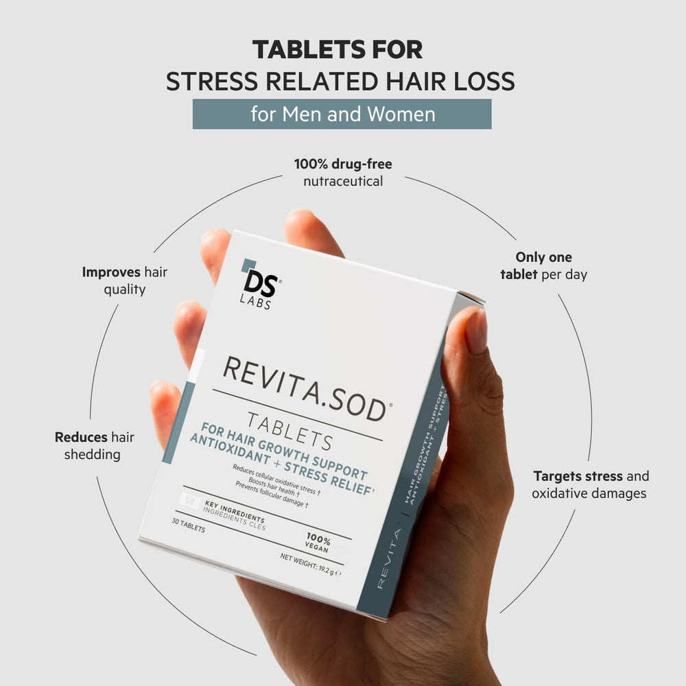 DS Laboratories Revita.SOD tablet bottle closeup showing zinc and SOD support for hair vitality