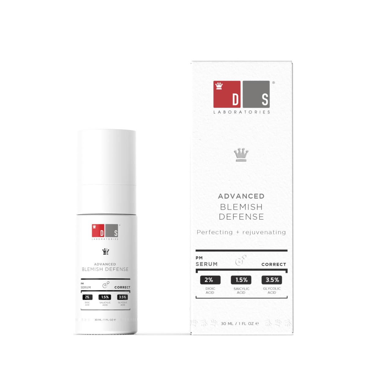 DS Laboratories Blemish Defense Serum bottle highlights oil-free, lightweight formula