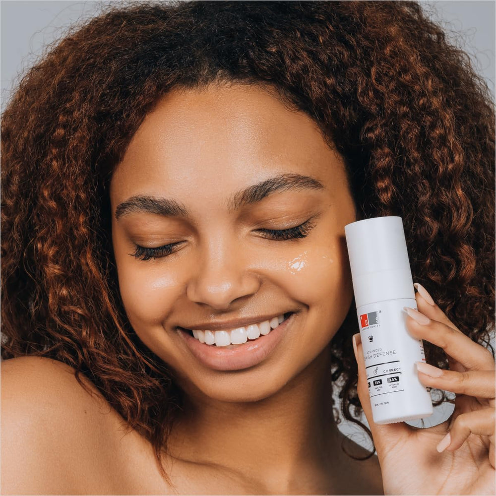 DS Laboratories blemish defense serum box packaging emphasizes vegan, fragrance-free branding