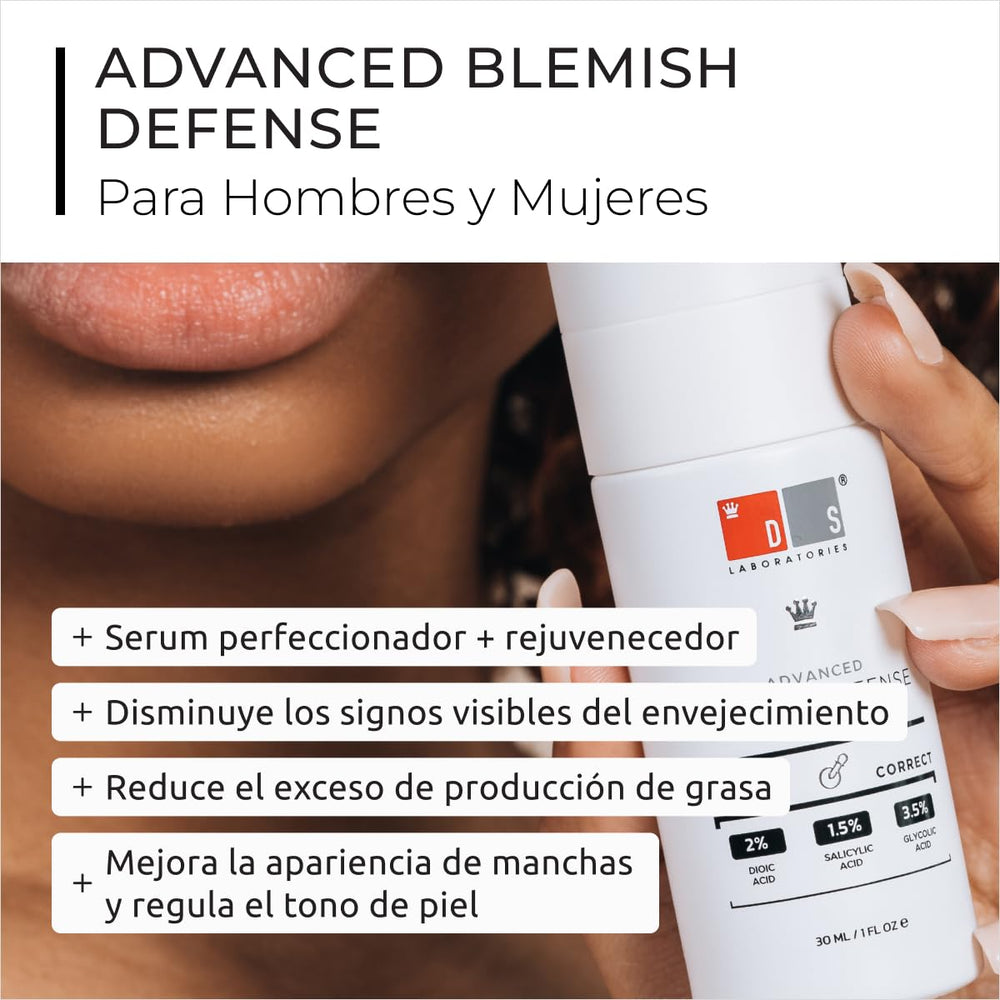 DS Laboratories Blemish Defense Serum label closeup; fragrance-free, ideal for sensitive skin
