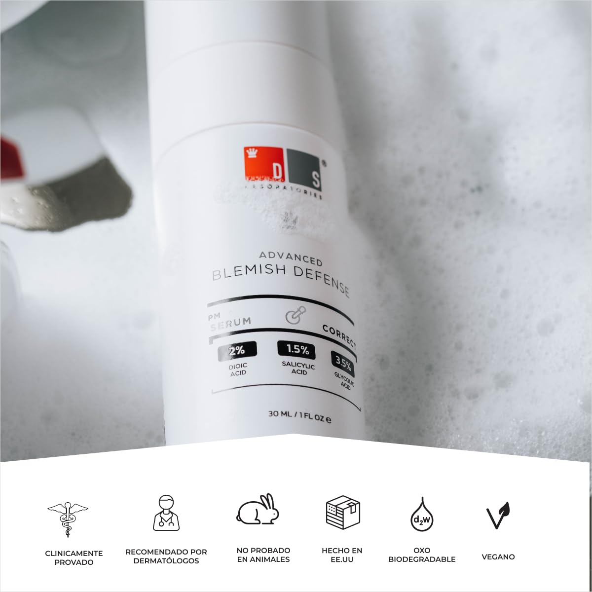 DS Laboratories blemish defense serum on skin panel shows absorbed, non-sticky feel