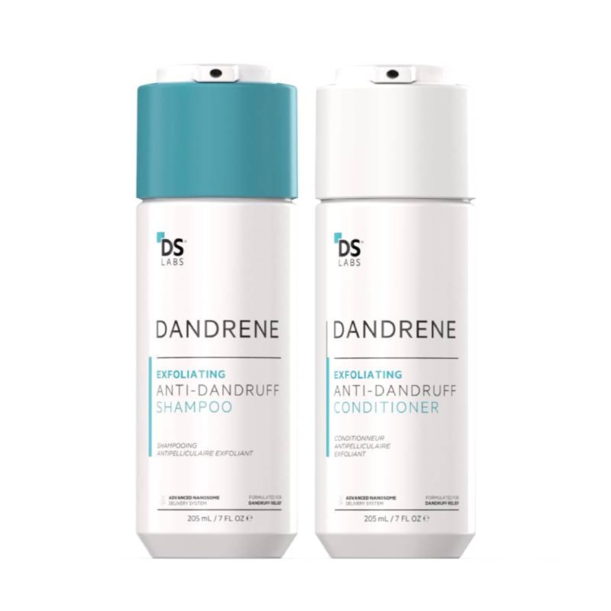 DS Labs Dandrene shampoo bottle with exfoliating formula for itchy scalp relief.