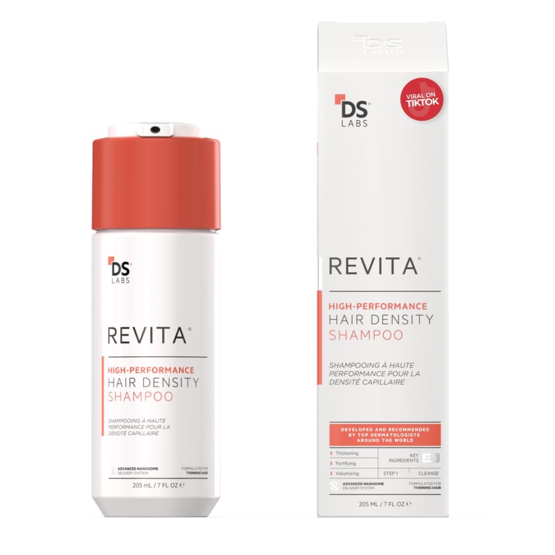 DS Laboratories Revita Shampoo bottle on counter, sulfate-free color-safe formula.