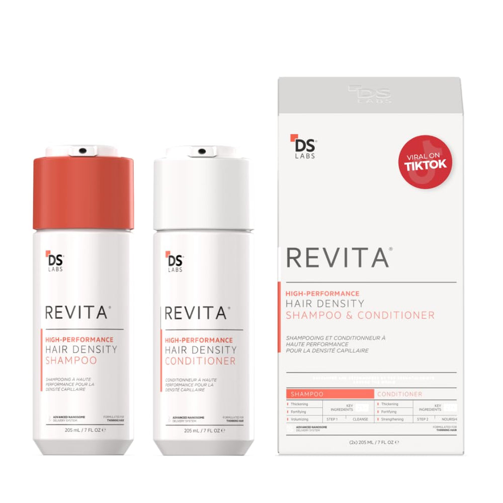 DS Labs Revita shampoo bottle on display, promoting lightweight cleansing for fuller-looking hair
