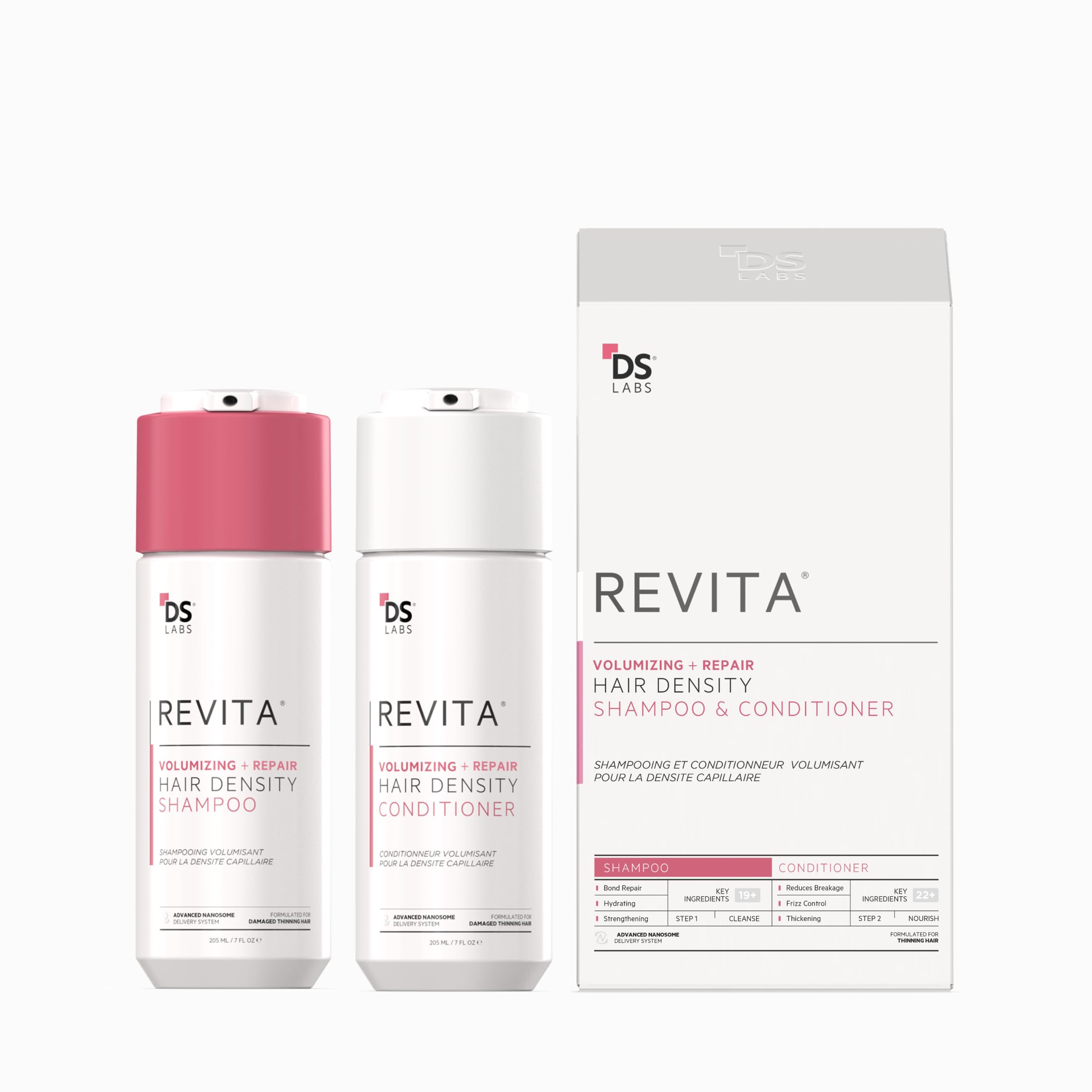 DS Labs Revita shampoo bottle demonstrates weightless lift for fine hair
