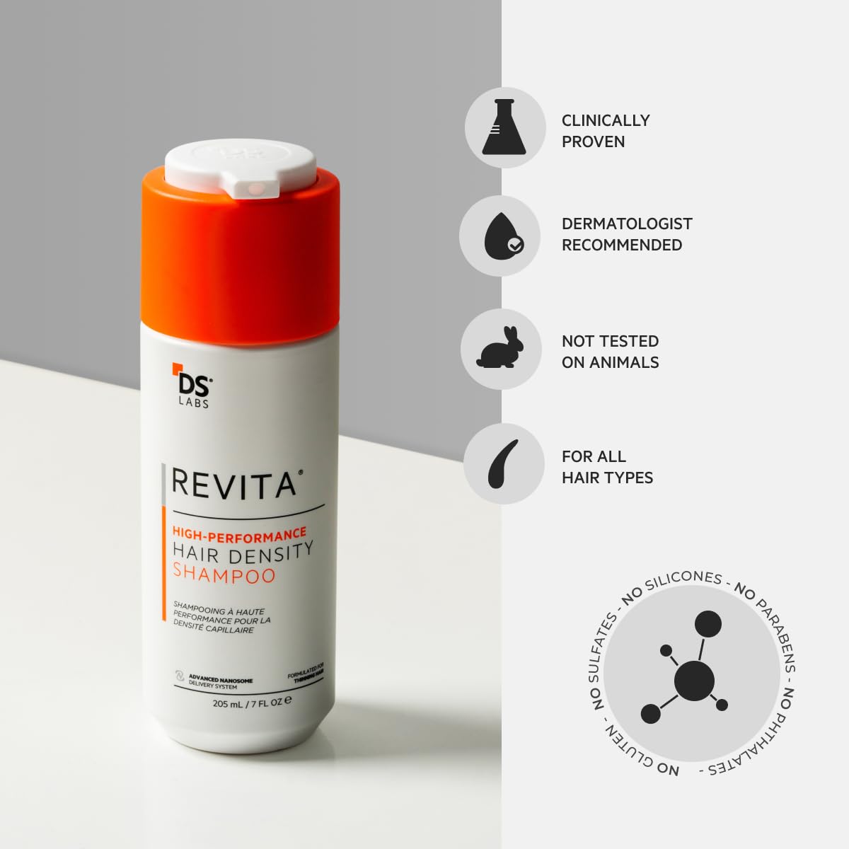 DS Laboratories Revita Shampoo dermatologist-tested label supporting daily-friendly care.
