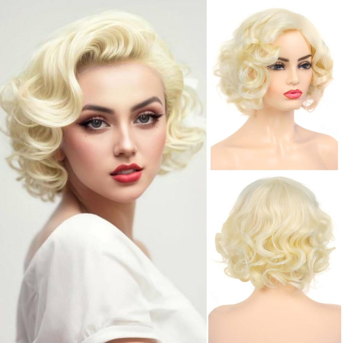 Dsimeig short curly wavy blonde wig on model for versatile daily wear.
