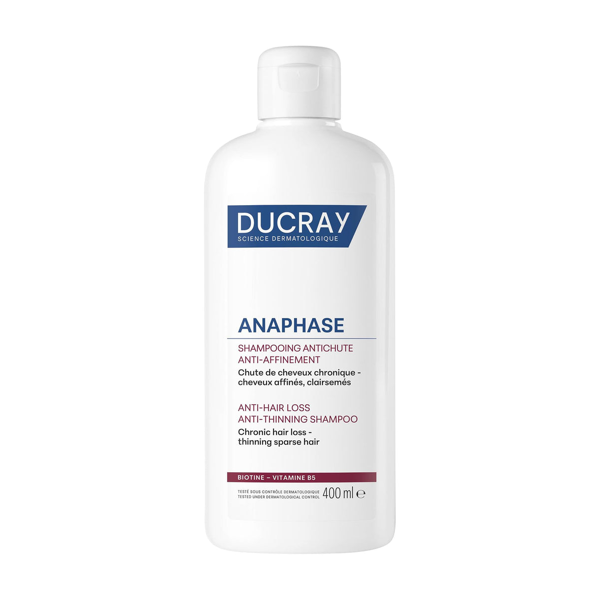 Ducray Anaphase+ shampoo bottle highlights brand and thinning-hair support.