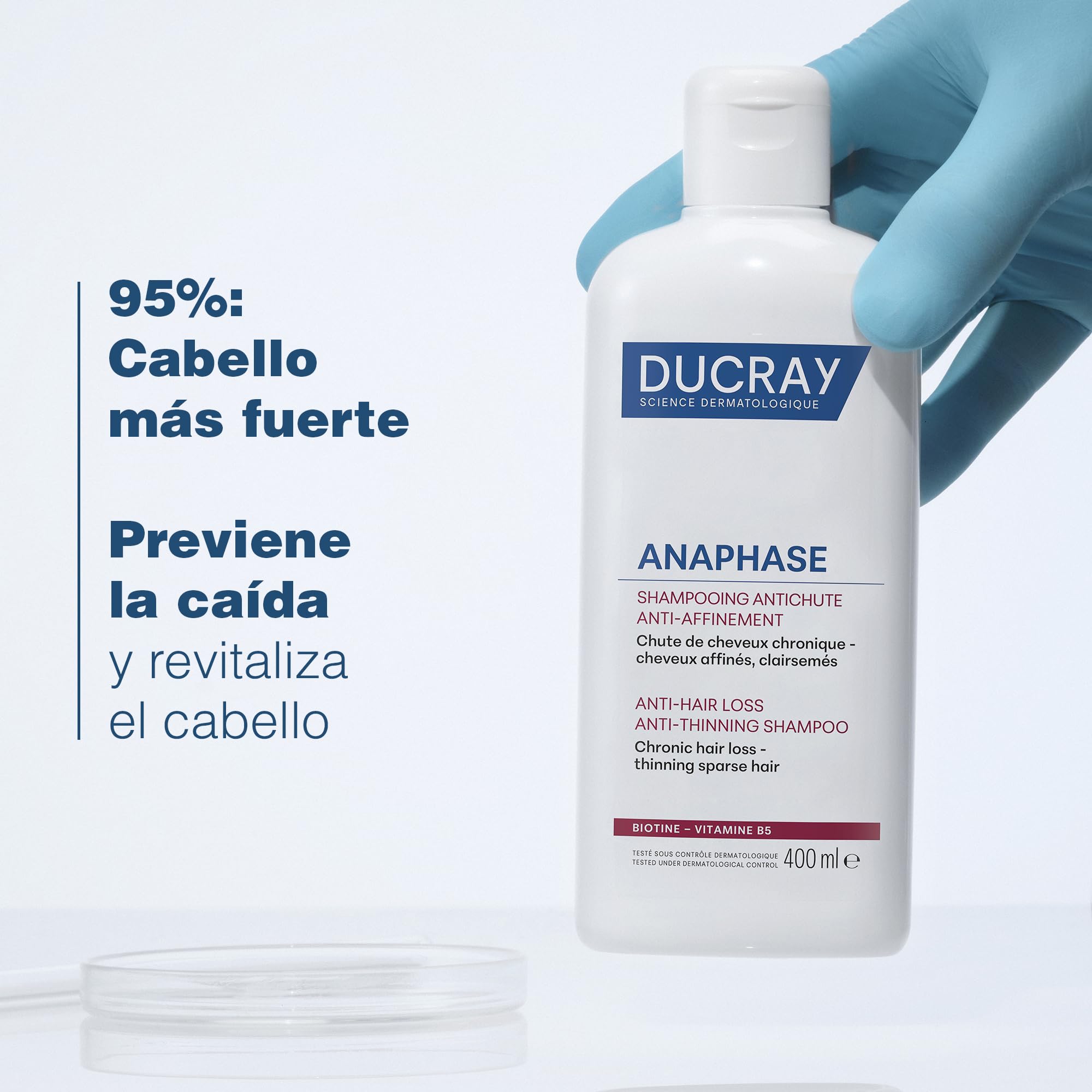 Ducray Anaphase+ shampoo label close-up with product details for informed choice.