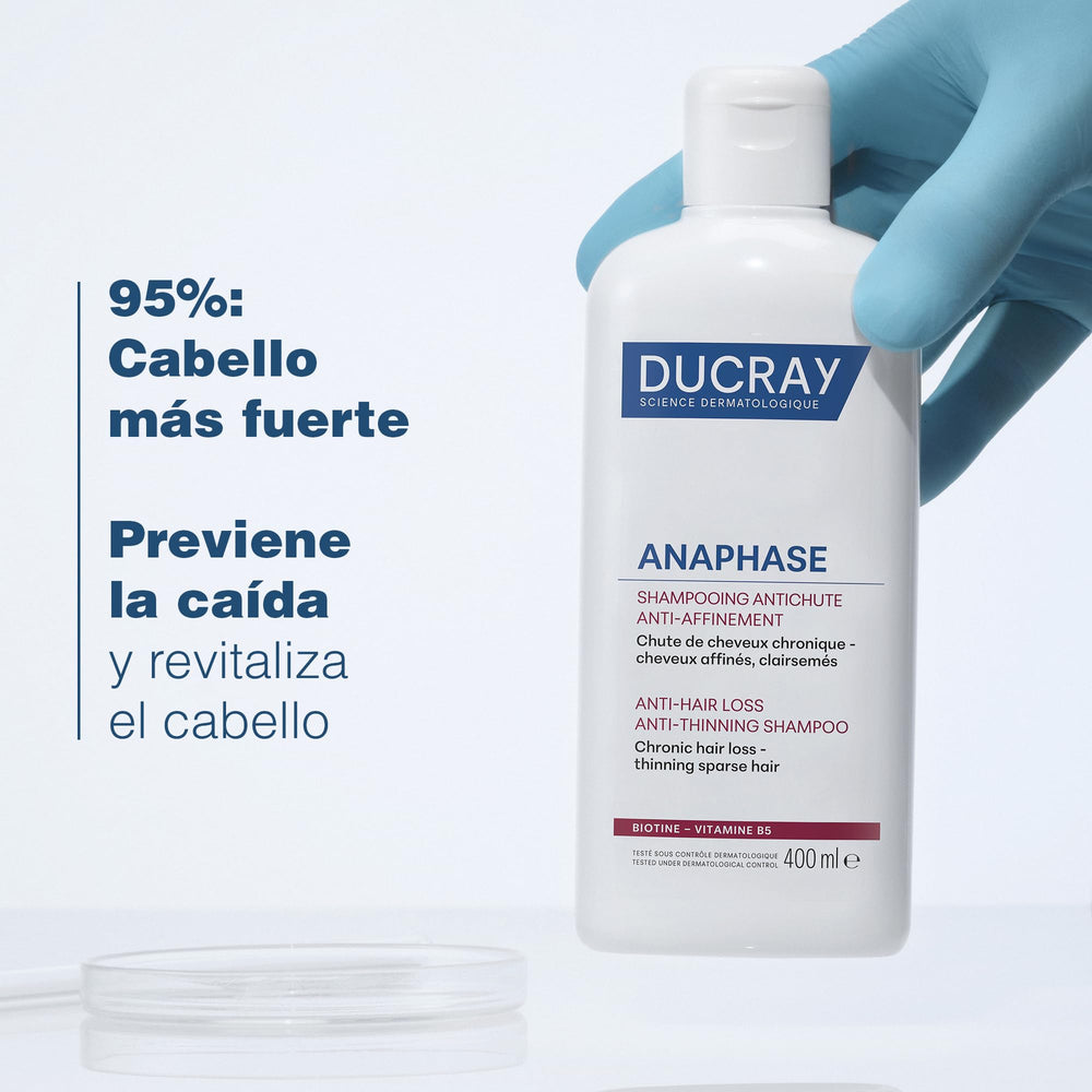 Ducray Anaphase+ shampoo label close-up with product details for informed choice.