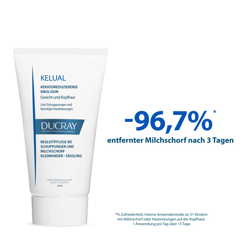 Ducray Kelual Emulsion scalp application in progress.