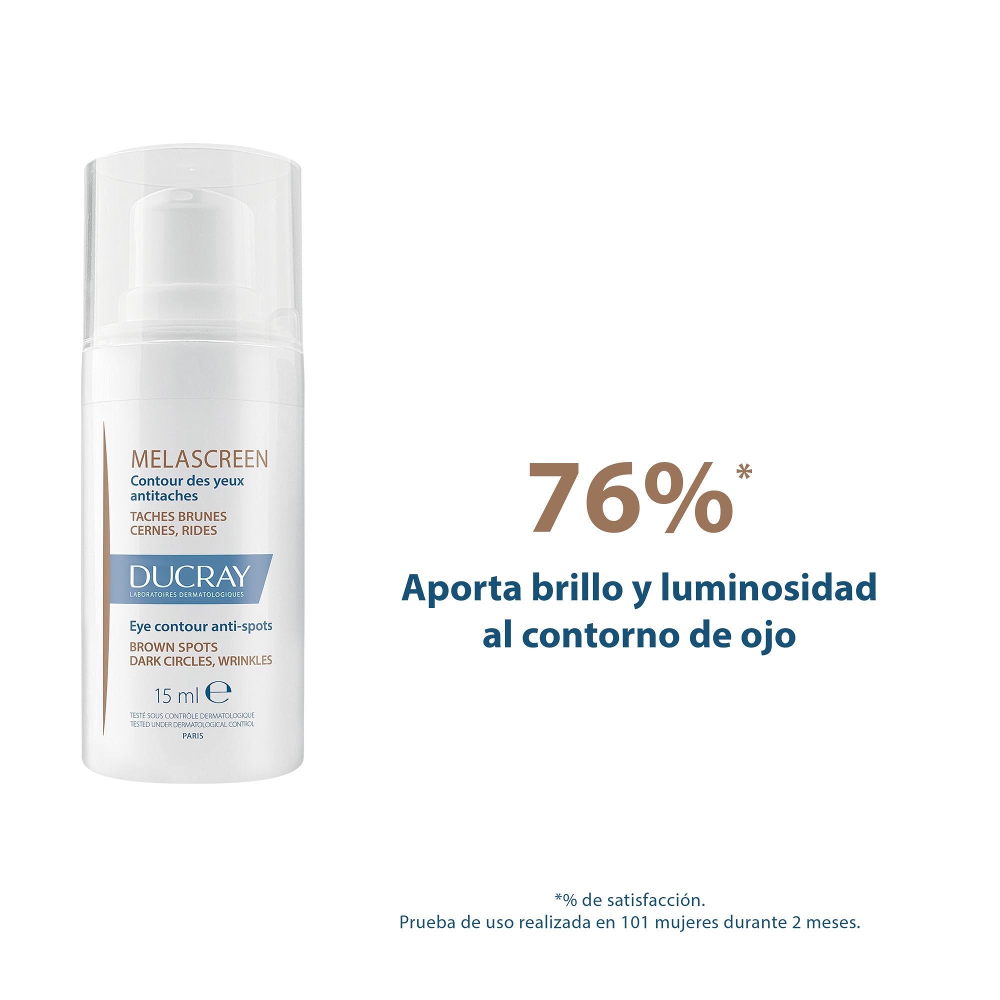 Ducray Melascreen Eye Contour packaging emphasizes a fragrance-free formula.