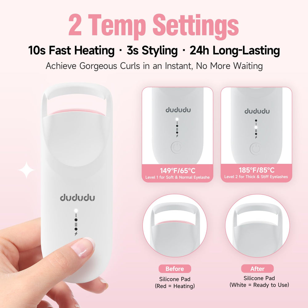 DUDUDU heated eyelash curler front angle view shows even curl