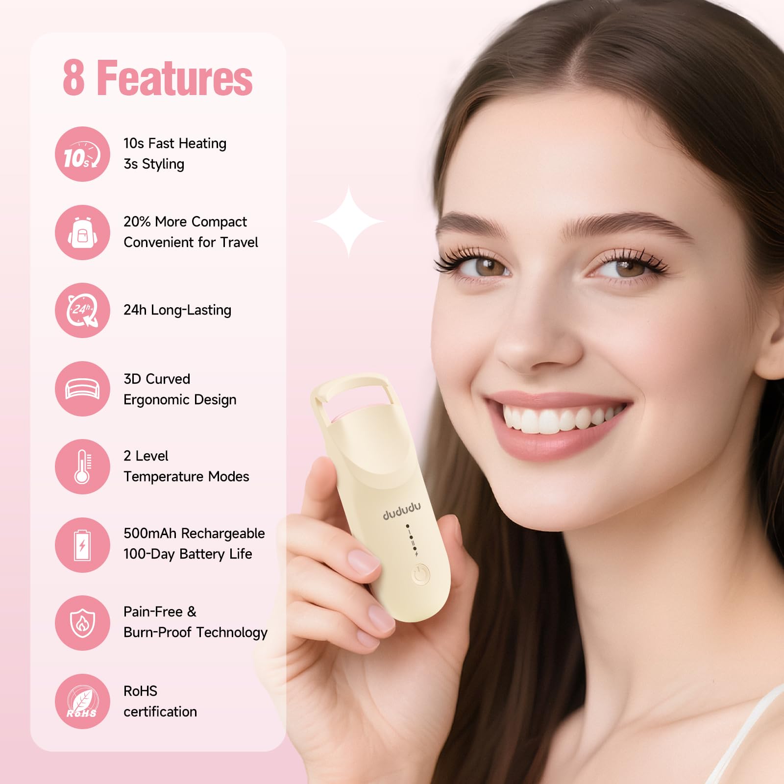 DUDUDU heated eyelash curler in hand for portable, on the go styling