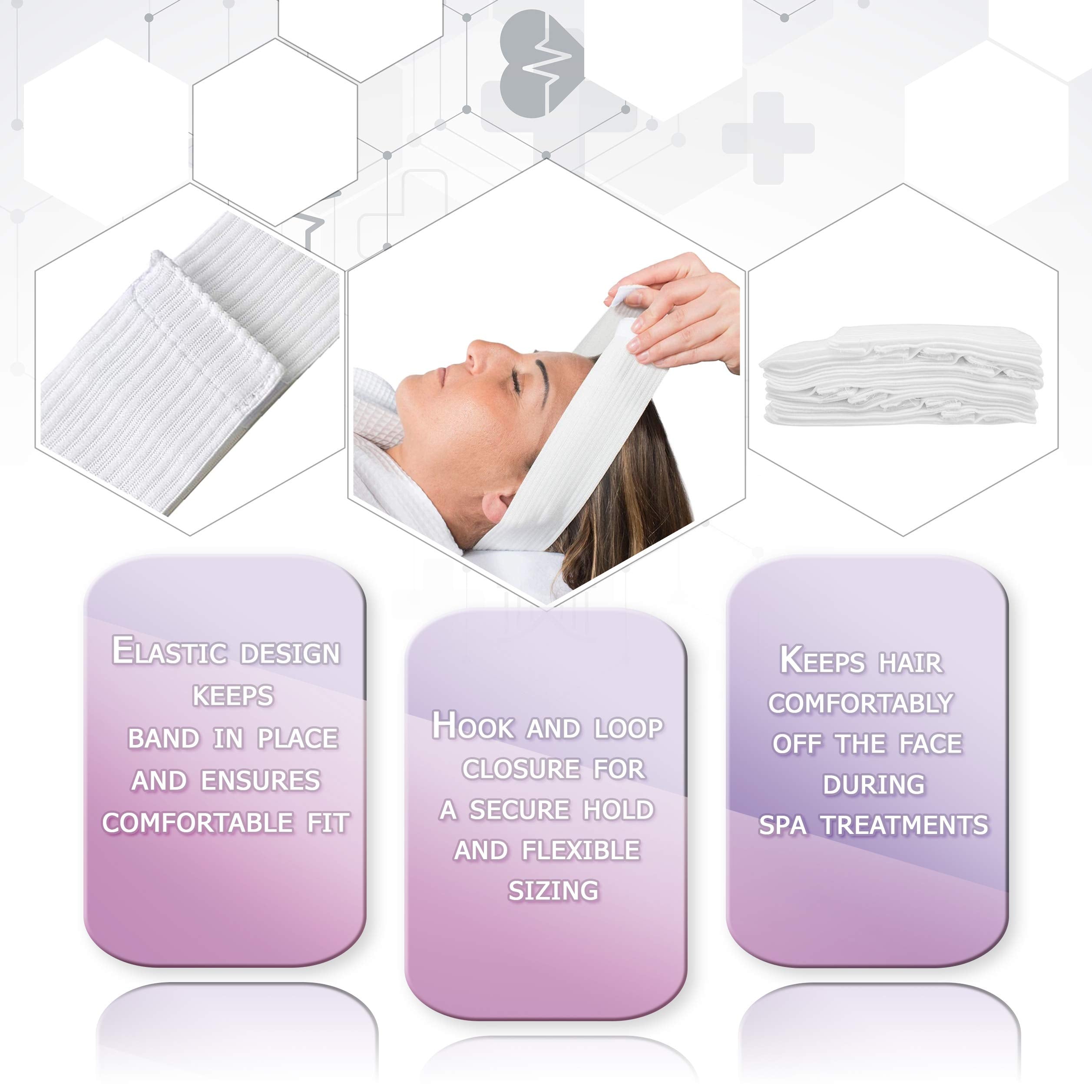 Dukal disposable facial headbands close-up showing soft texture and elasticity for comfortable use.