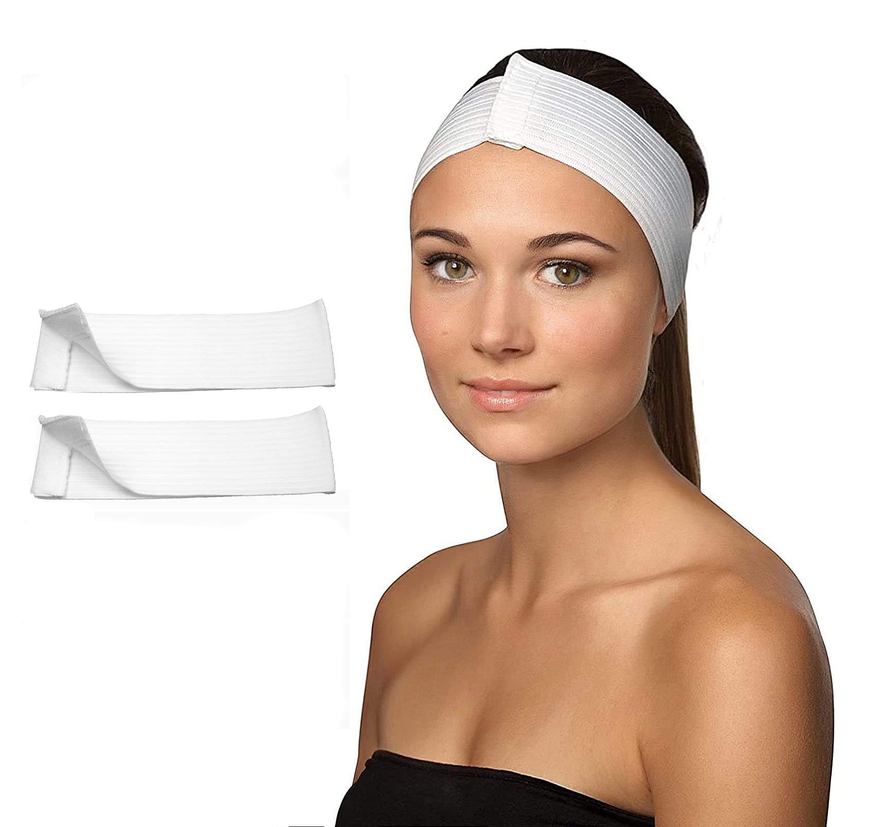 Dukal stretch spa headbands for women — white, pack of 48, keeps hair away during facials.