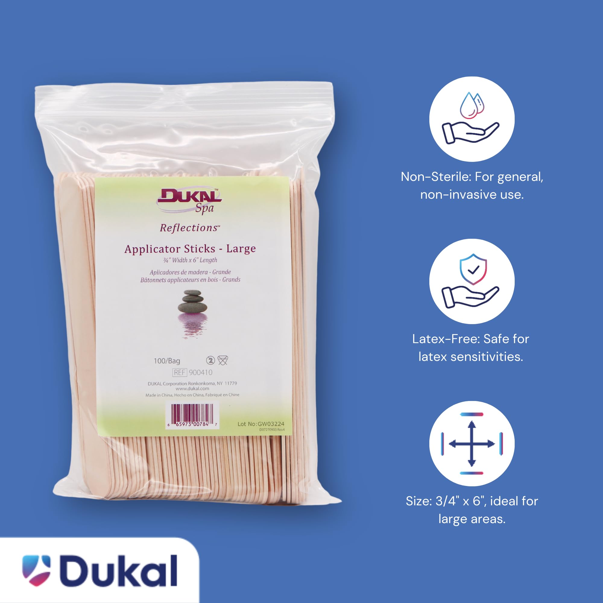 Dukal wooden applicator sticks with smooth grip for comfortable waxing.