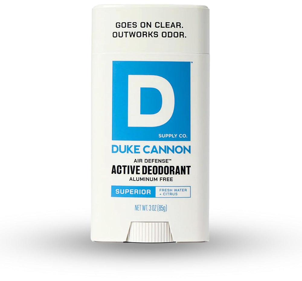 Duke Cannon Air Defense deodorant bottle shows aluminum-free protection for all-day freshness.