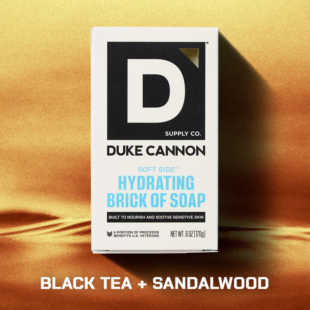 Duke Cannon Aloe-Shea Moisture Brick closeup highlights long-lasting hydration during cleansing