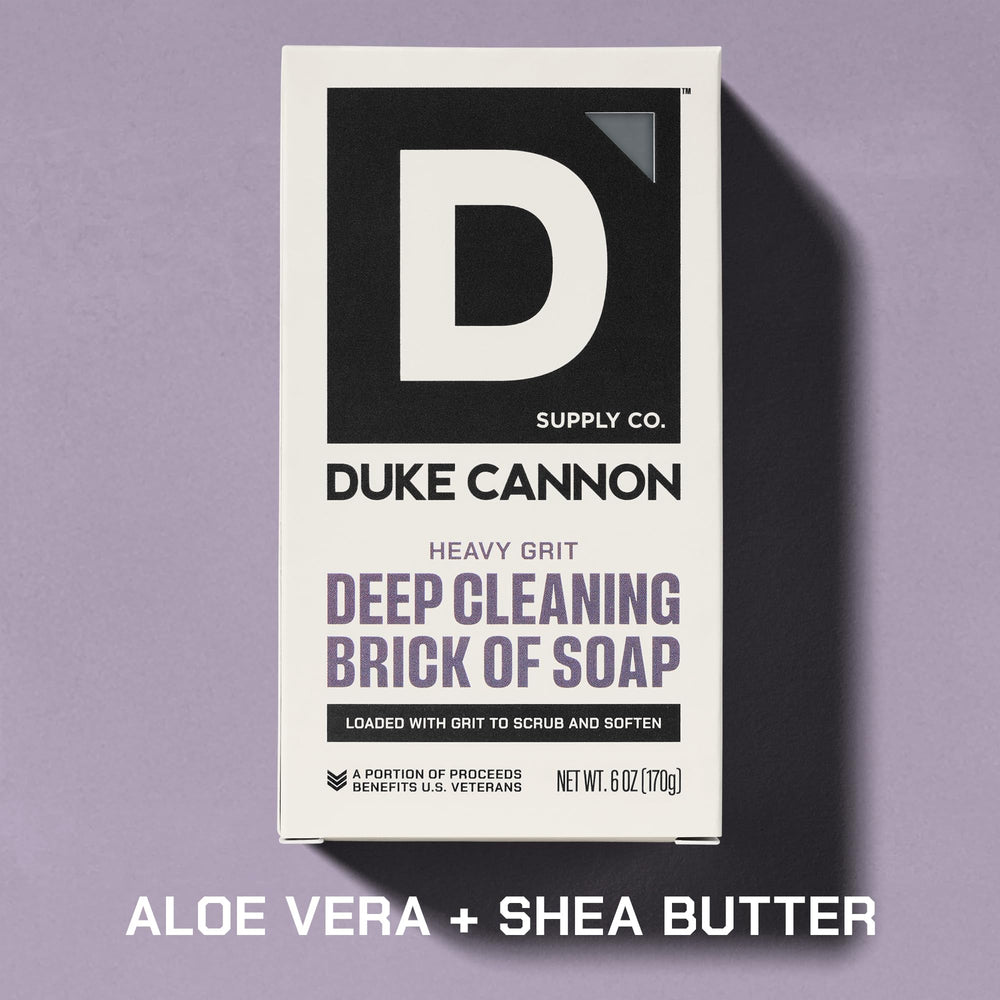 Duke Cannon Aloe Vera Shea Butter soap hydrates skin after washing.