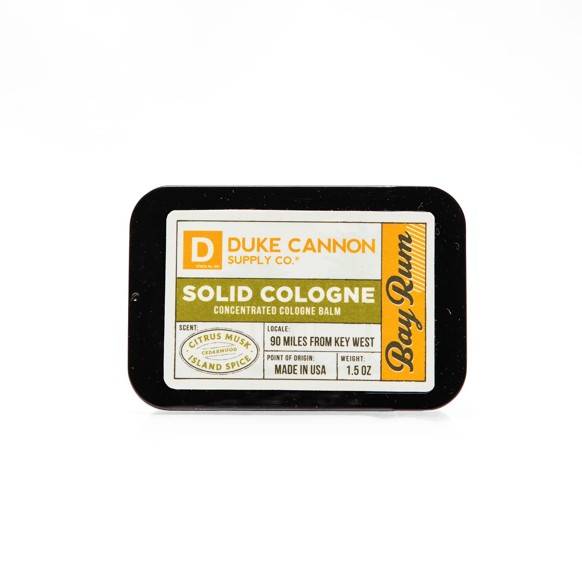 Duke Cannon Bay Rum with island spices for a bold scent profile.