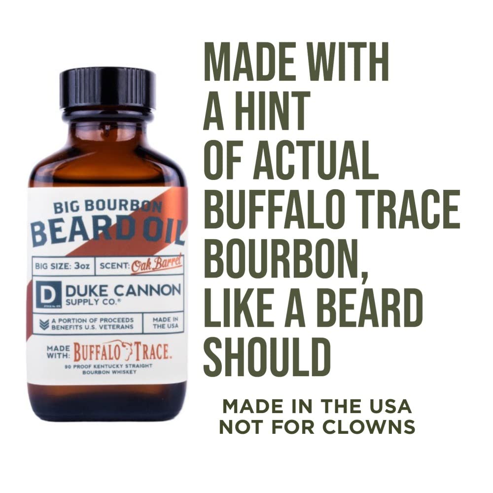 Duke Cannon Big Bourbon Beard Oil bottle illustrating lightweight hydration without greasiness.