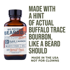 Duke Cannon Big Bourbon Beard Oil bottle illustrating lightweight hydration without greasiness.
