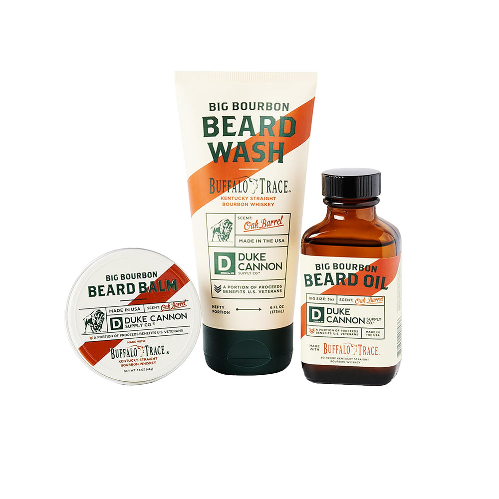 Duke Cannon Big Bourbon Beard Wash bottle demonstrates cleansing action for a refreshed beard.