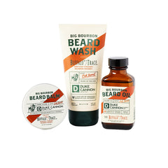 Duke Cannon Big Bourbon Beard Wash bottle demonstrates cleansing action for a refreshed beard.