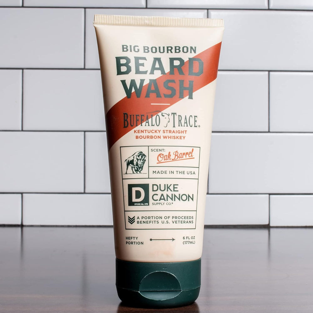 Duke Cannon Big Bourbon Beard Wash label detail highlighting plant-based conditioning ingredients